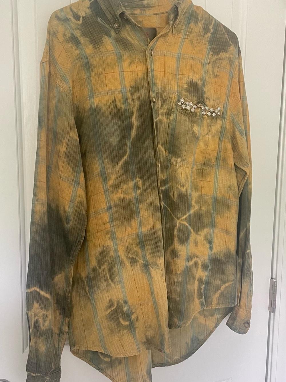 The Territory Ahead Mustard and Olive Tie-Dye Plaid Shirt.